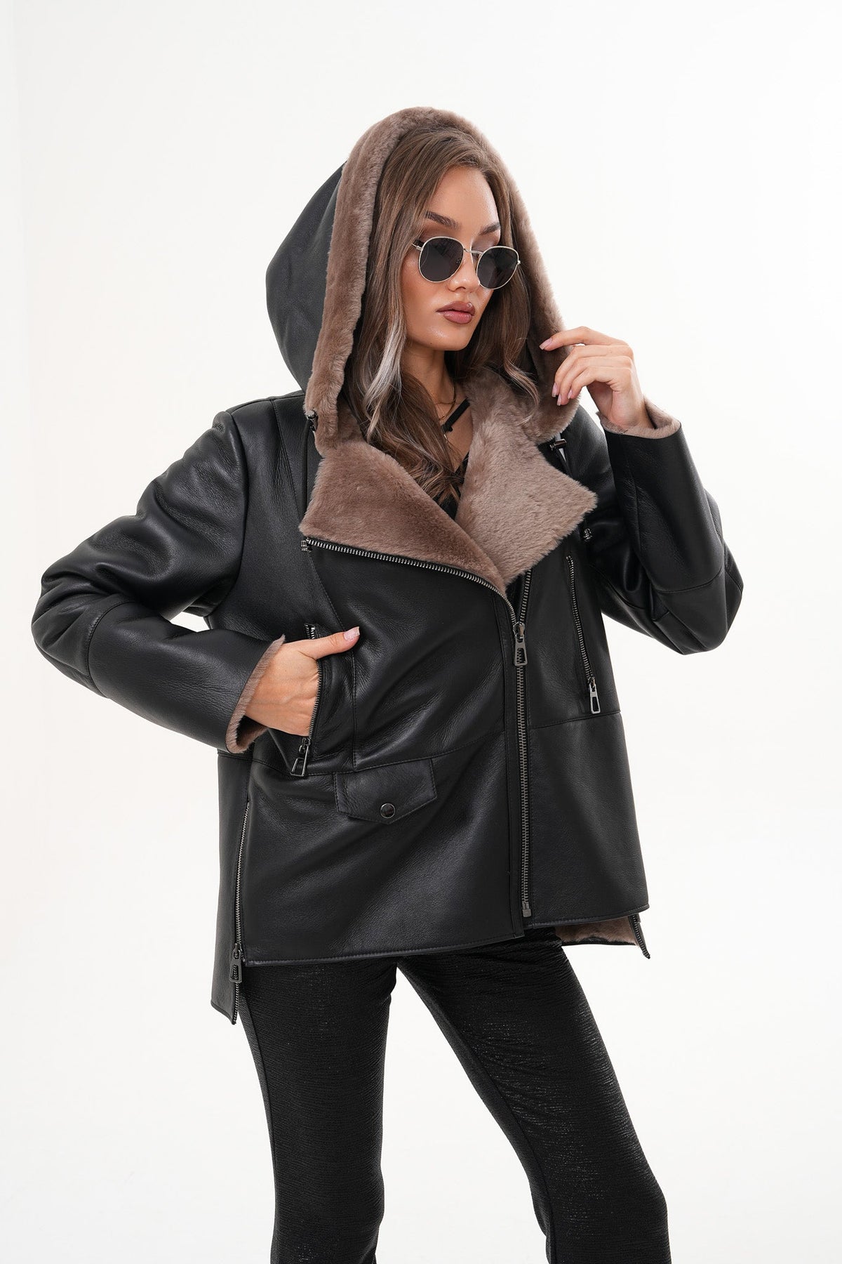 Vinci Leather The Duchess Shearling Brown Leather Women Hooded Jacket – product view 13
