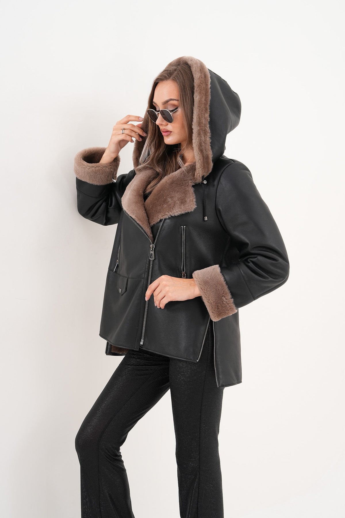 Vinci Leather The Duchess Shearling Brown Leather Women Hooded Jacket – product view 1