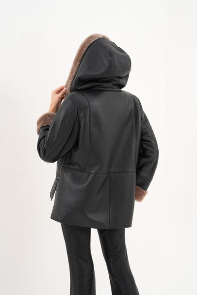 Vinci Leather The Duchess Shearling Brown Leather Women Hooded Jacket – product view 4