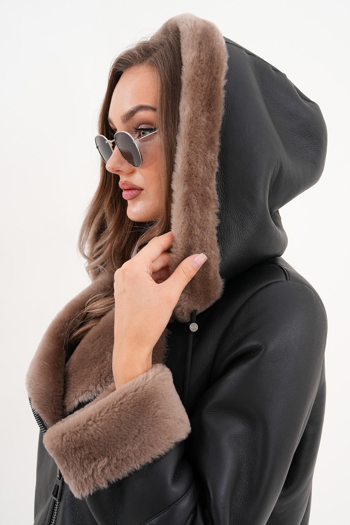 Vinci Leather The Duchess Shearling Brown Leather Women Hooded Jacket – product view 3