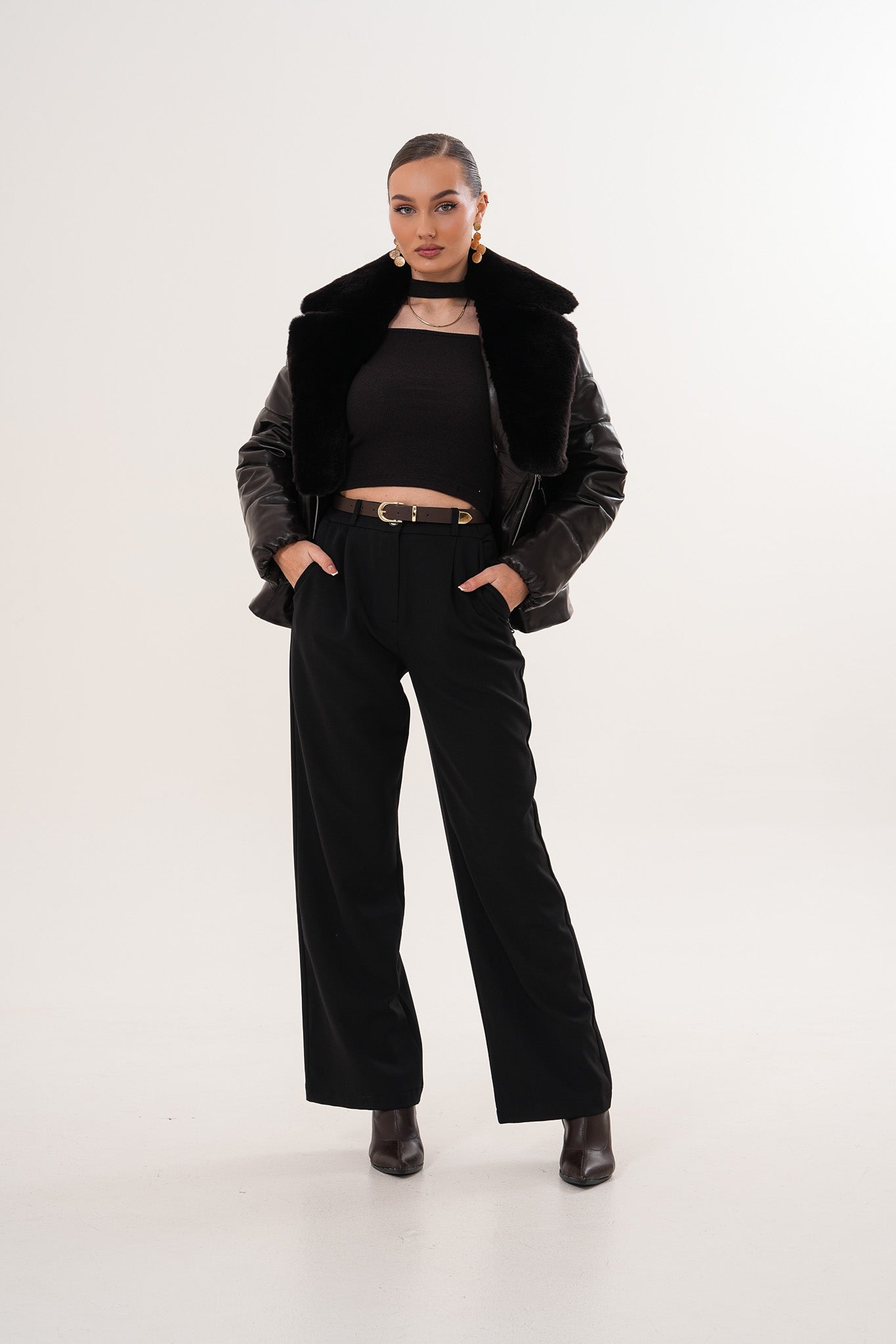 The Elvaris Dark Chocolate Leather Women Jacket with Fur Collar