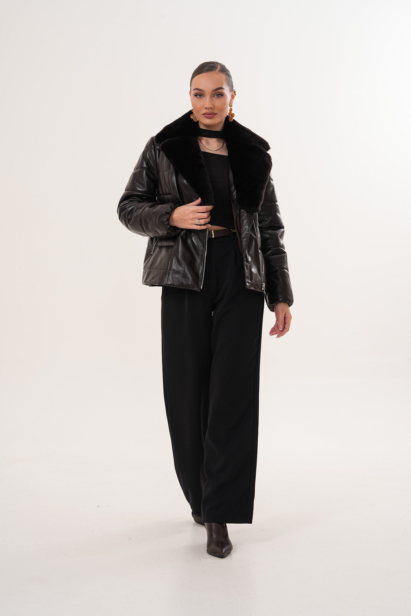 The Elvaris Dark Chocolate Leather Women Jacket with Fur Collar