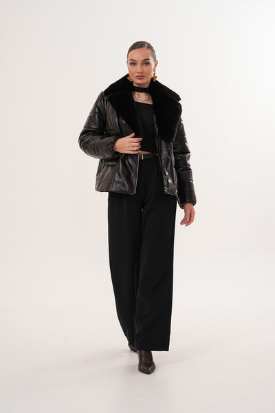 The Elvaris Dark Chocolate Leather Women Jacket with Fur Collar