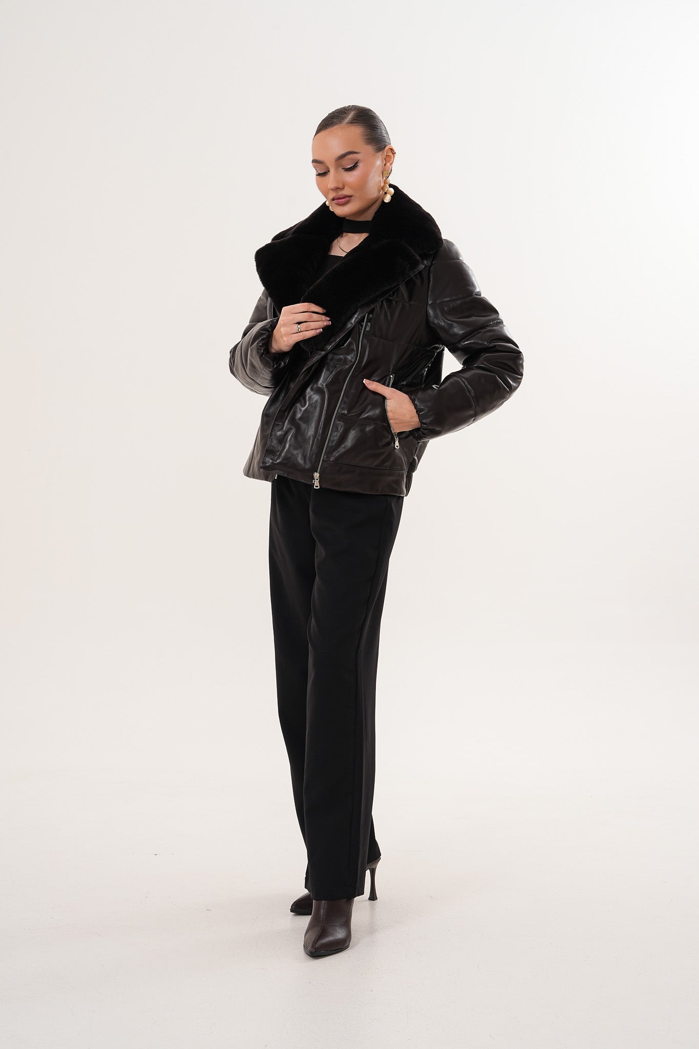 The Elvaris Dark Chocolate Leather Women Jacket with Fur Collar