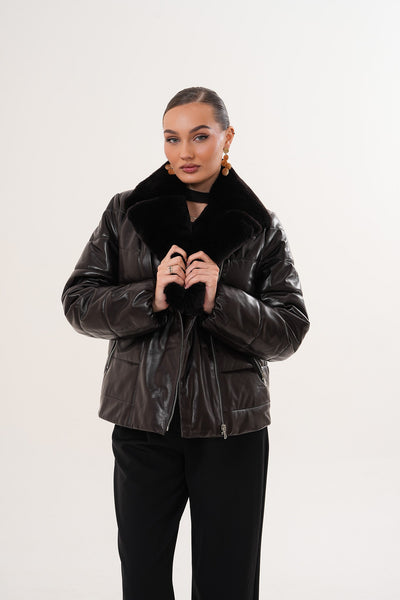 The Elvaris Dark Chocolate Leather Women Jacket with Fur Collar
