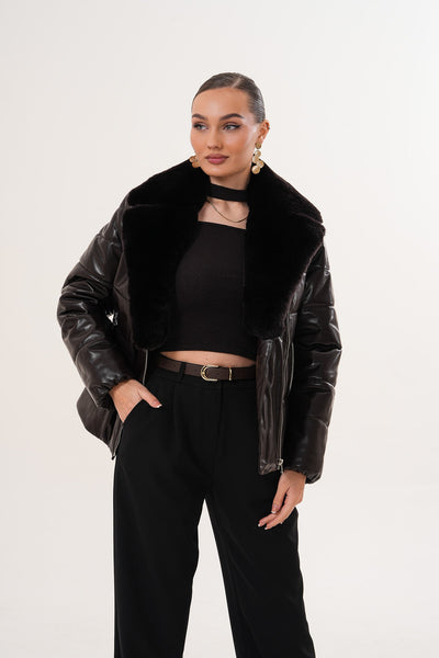 The Elvaris Dark Chocolate Leather Women Jacket with Fur Collar