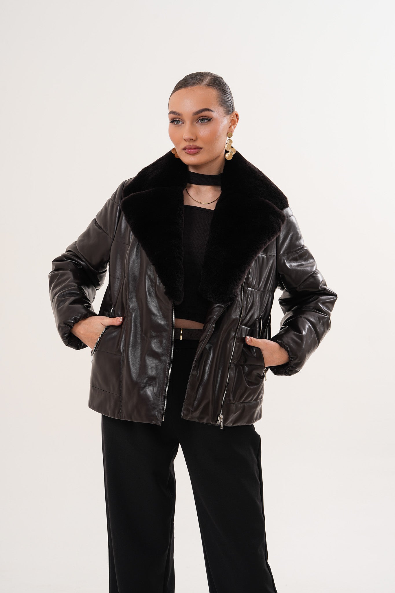 The Elvaris Dark Chocolate Leather Women Jacket with Fur Collar