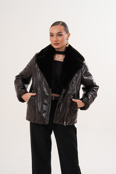 The Elvaris Dark Chocolate Leather Women Jacket with Fur Collar