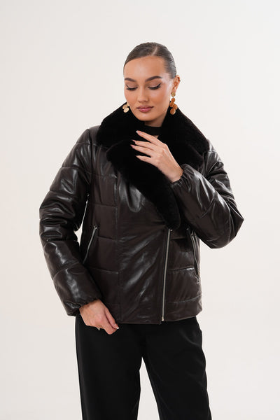 The Elvaris Dark Chocolate Leather Women Jacket with Fur Collar