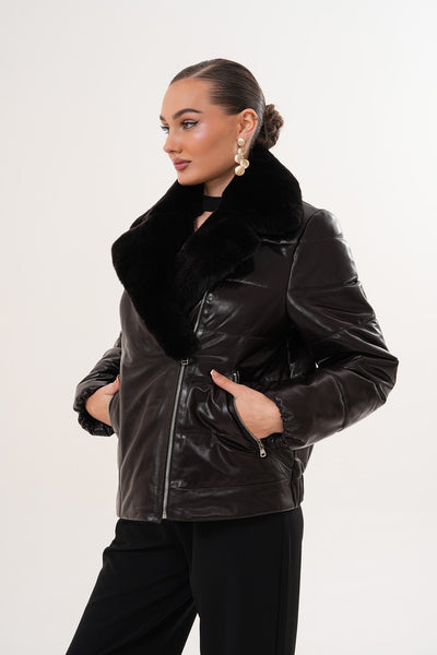 The Elvaris Dark Chocolate Leather Women Jacket with Fur Collar