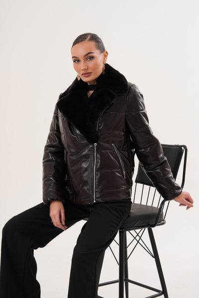 The Elvaris Dark Chocolate Leather Women Jacket with Fur Collar