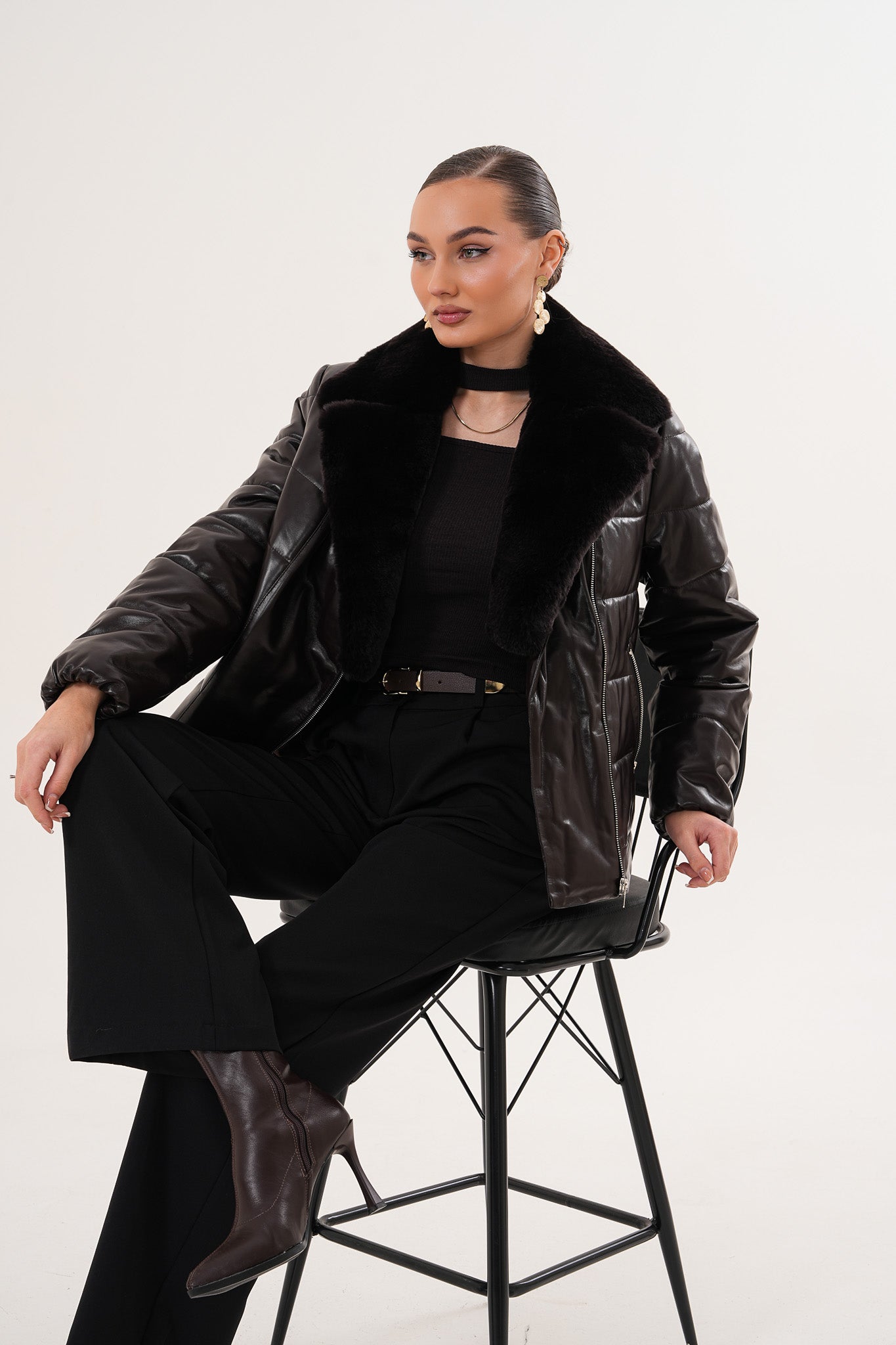 The Elvaris Dark Chocolate Leather Women Jacket with Fur Collar