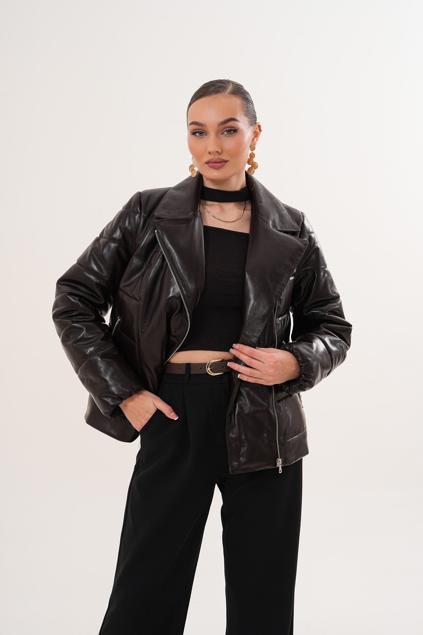The Elvaris Dark Chocolate Leather Women Jacket with Fur Collar