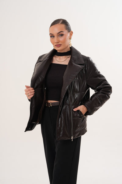 The Elvaris Dark Chocolate Leather Women Jacket with Fur Collar