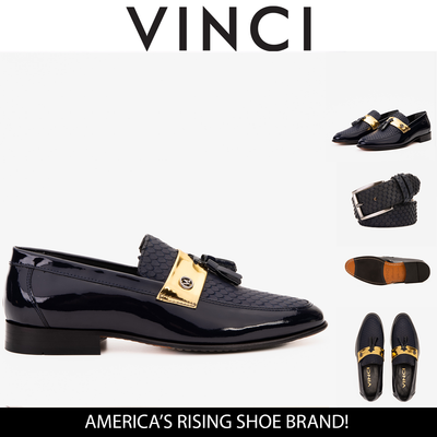 Vinci Leather The Imperial Navy Blue & Gold Leather Men Dress Shoe – product view 3