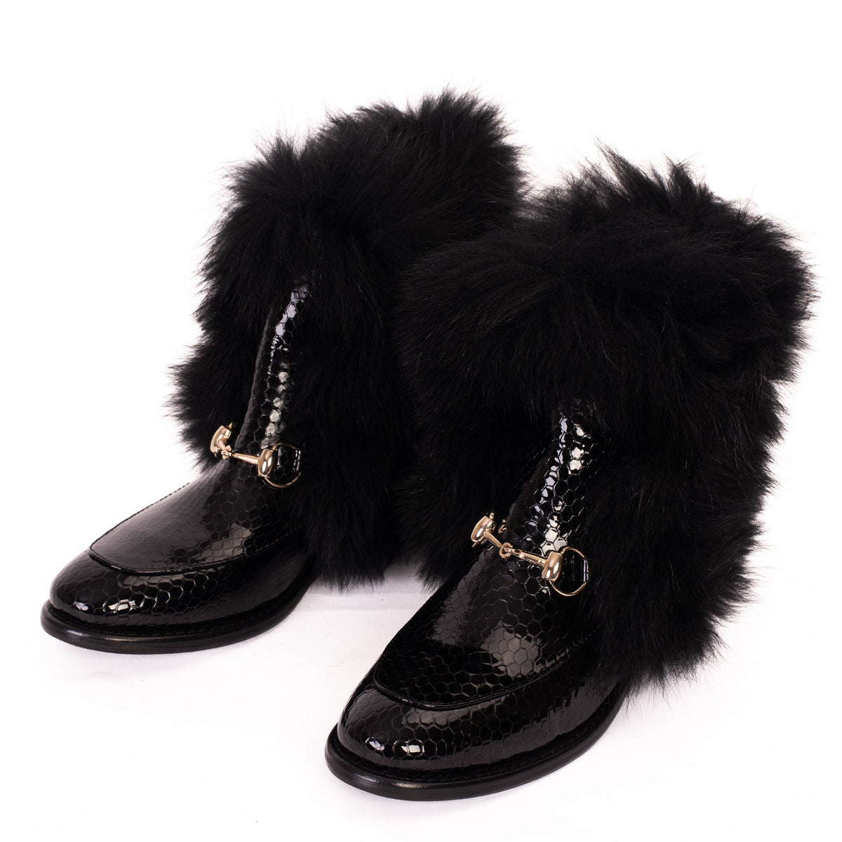 Vinci Leather The Izmir Black Patent Leather Natural Fur Mid Calf Women  Boot – product view 2