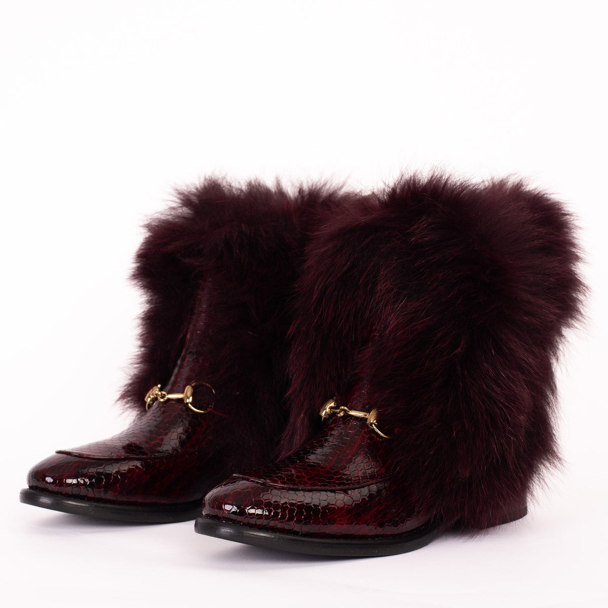 Vinci Leather The Izmir Burgundy Patent Leather Natural Fur Mid Calf Women Boot – product view 2
