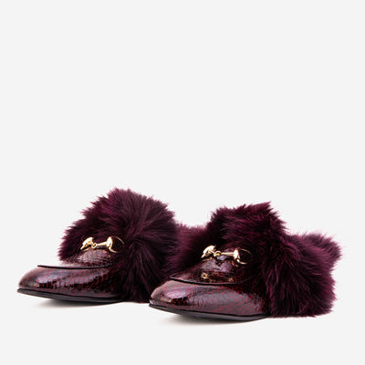 Vinci Leather The Izmir Burgundy  Patent Leather Natural Fur Women Slipper