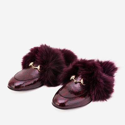 Vinci Leather The Izmir Burgundy  Patent Leather Natural Fur Women Slipper