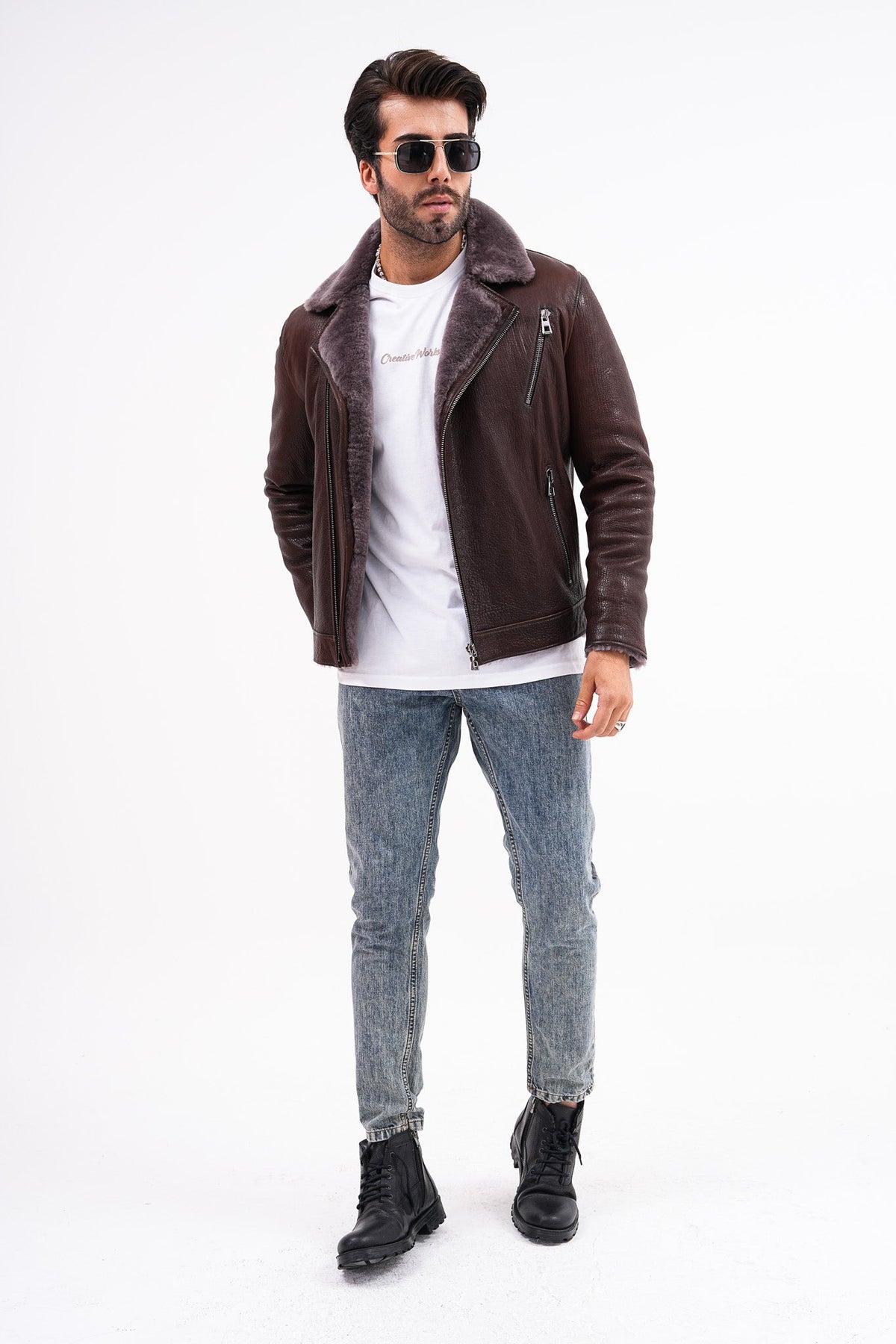 Vinci Leather The Cortina Brown Shearling Leather Men Jacket – product view 2