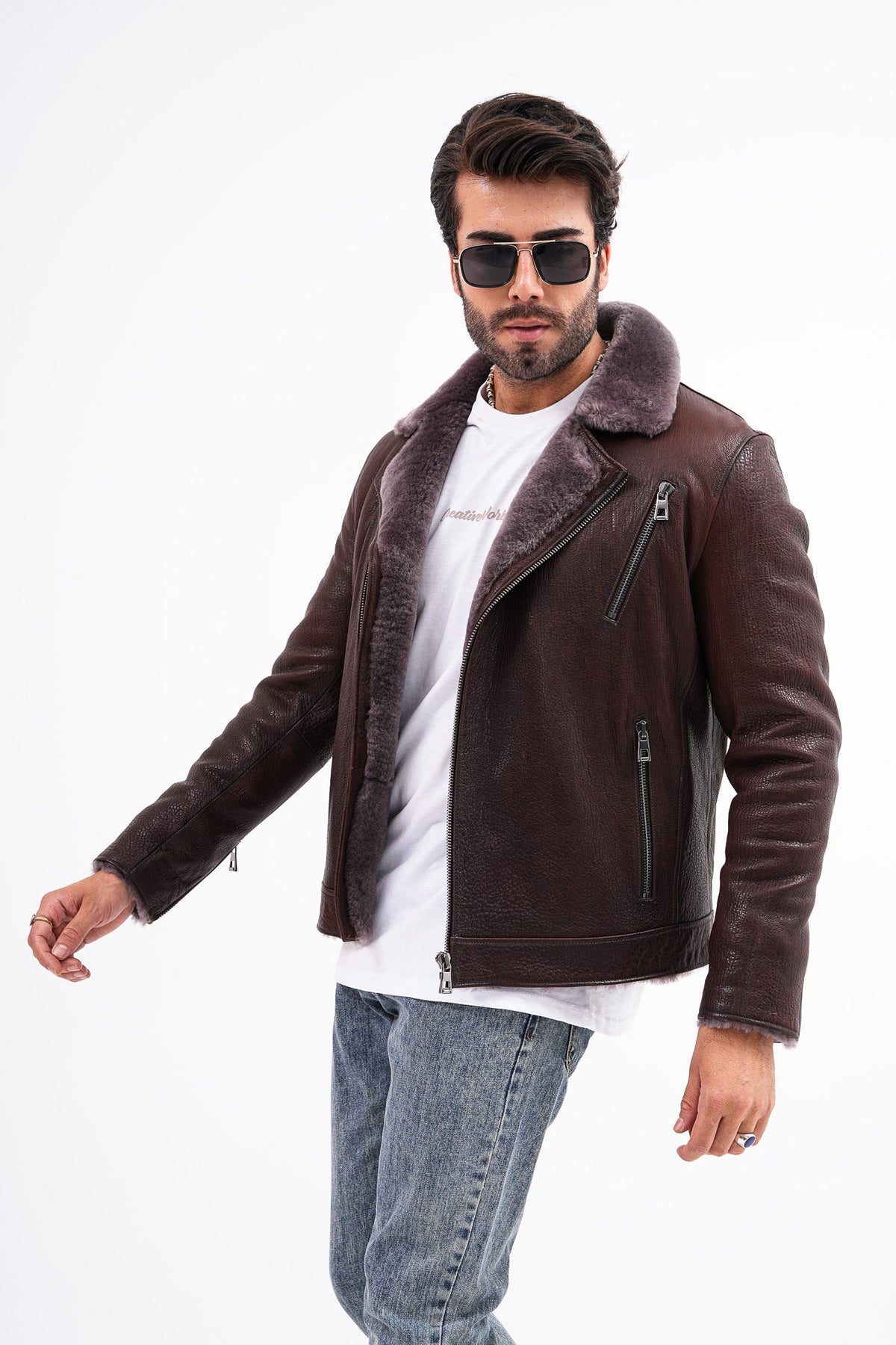 Vinci Leather The Cortina Brown Shearling Leather Men Jacket – product view 5
