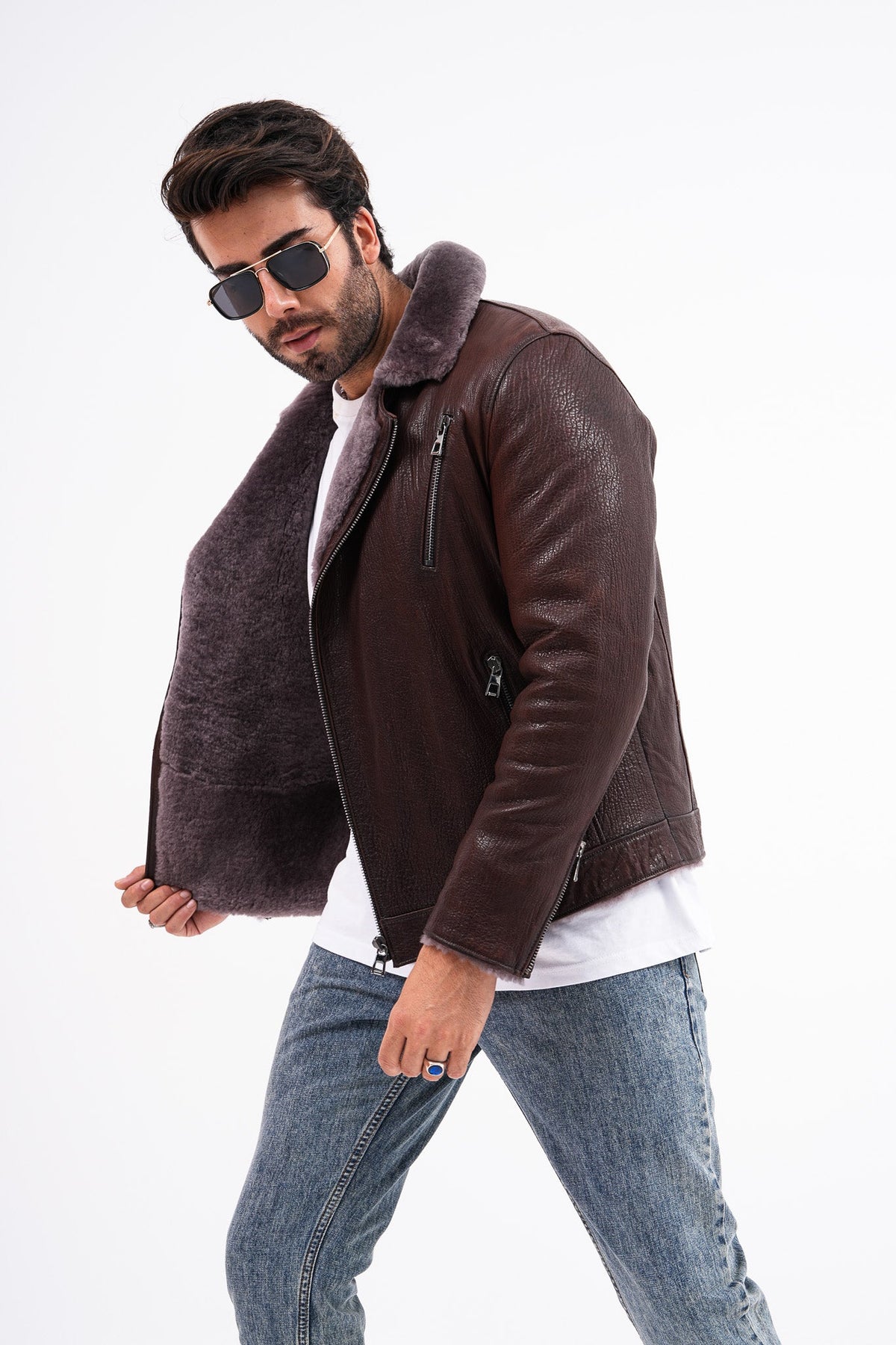 Vinci Leather The Cortina Brown Shearling Leather Men Jacket – product view 9