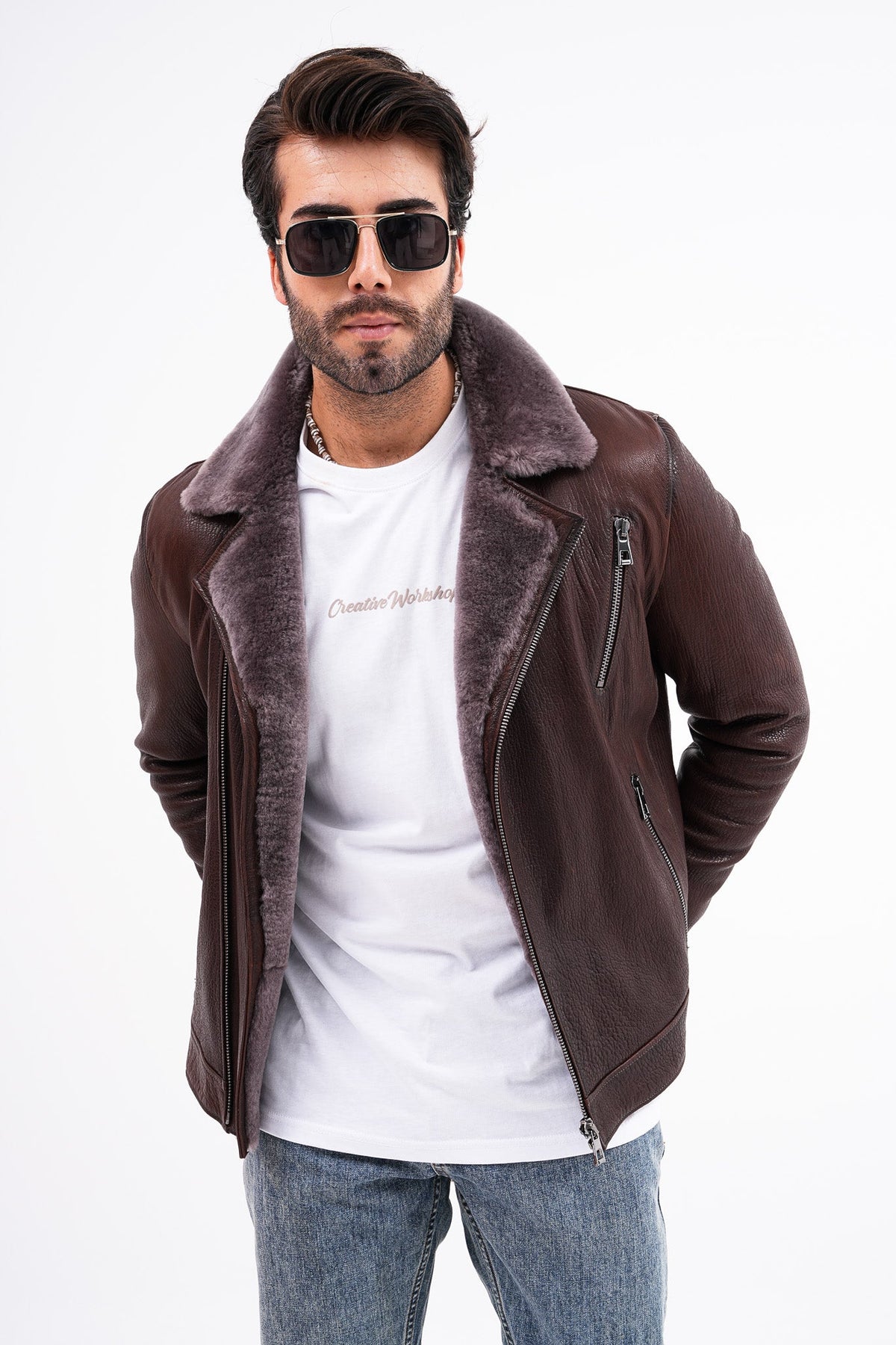 Vinci Leather The Cortina Brown Shearling Leather Men Jacket – product view 6