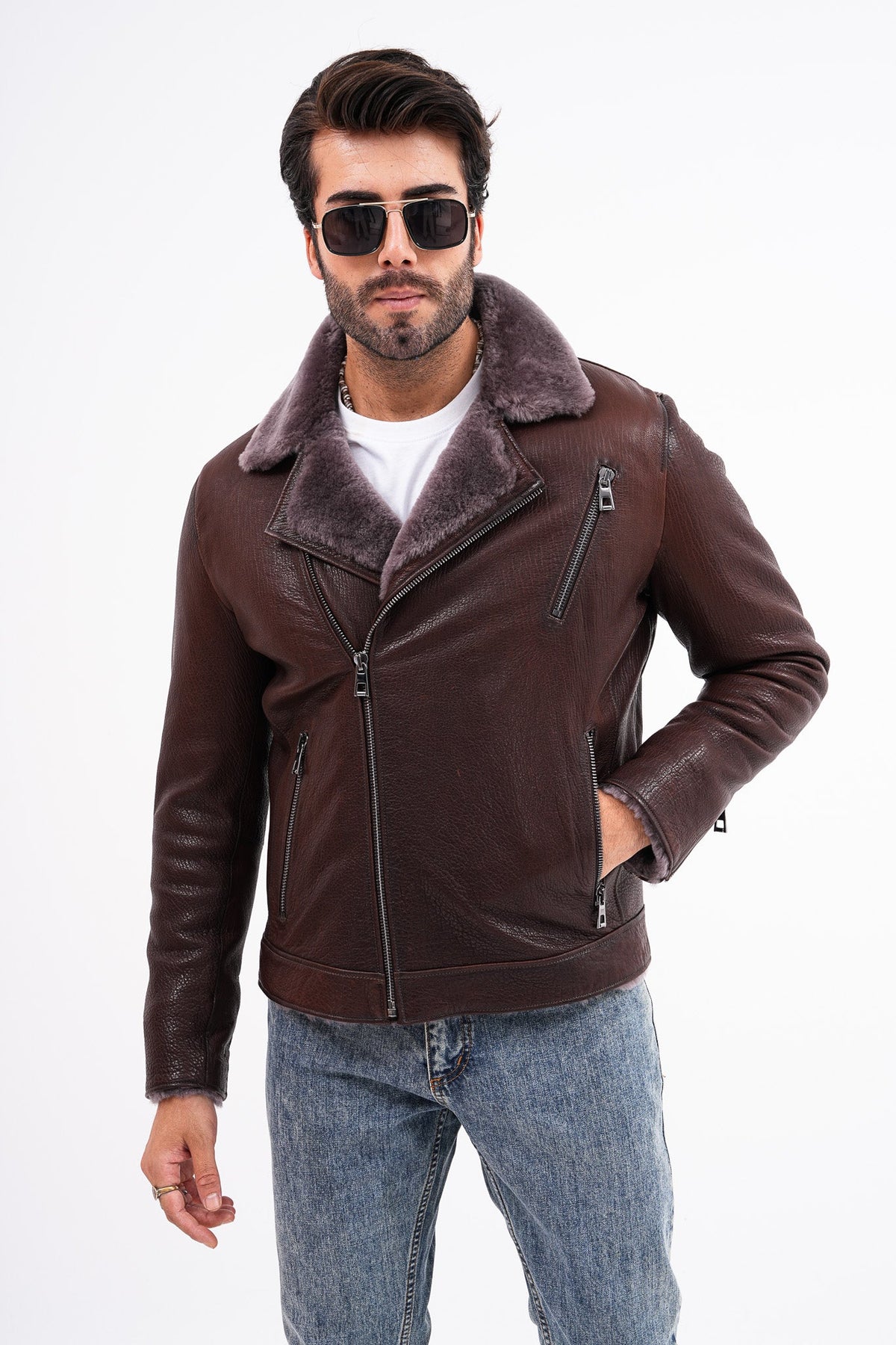 Vinci Leather The Cortina Brown Shearling Leather Men Jacket – product view 1