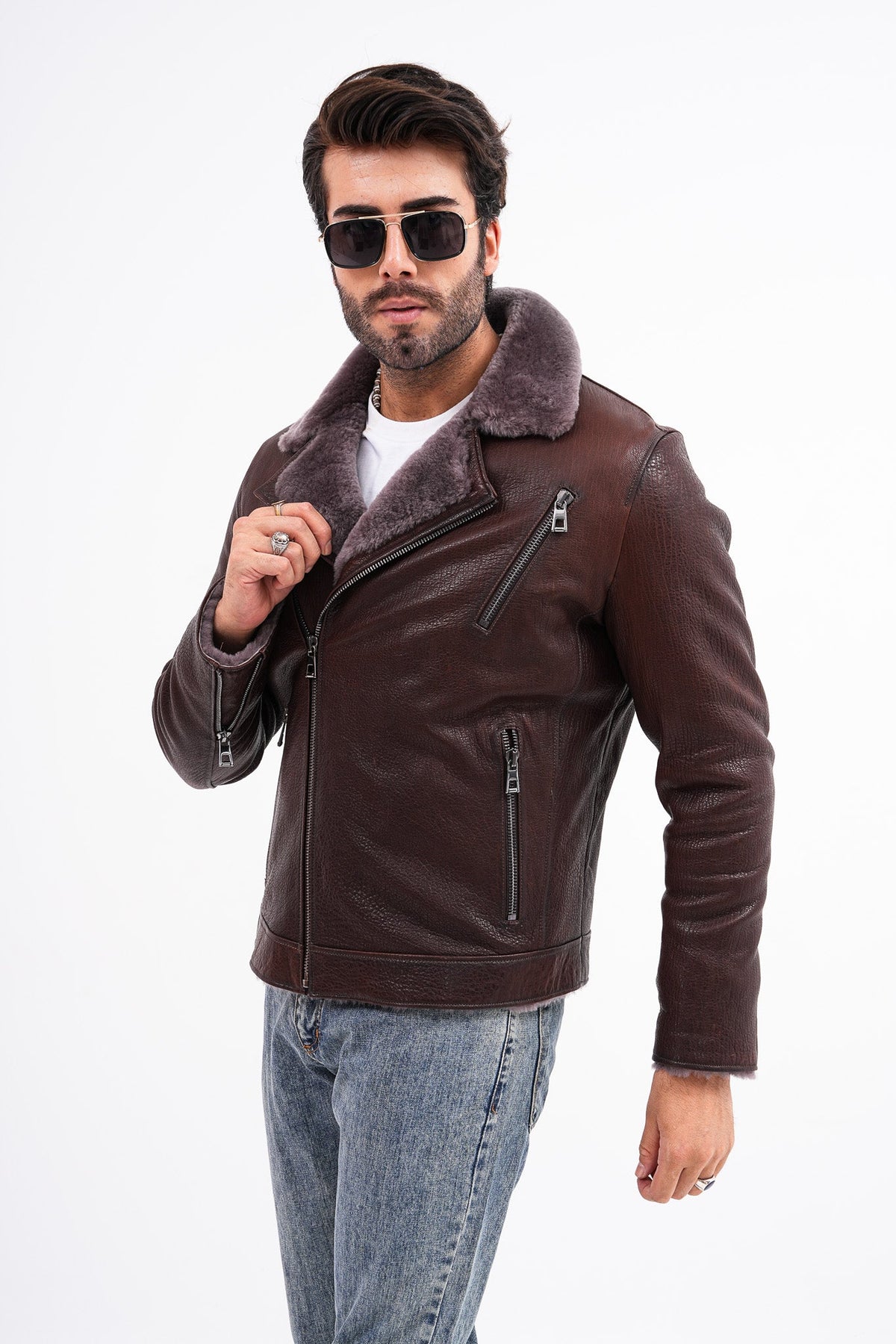 Vinci Leather The Cortina Brown Shearling Leather Men Jacket – product view 7