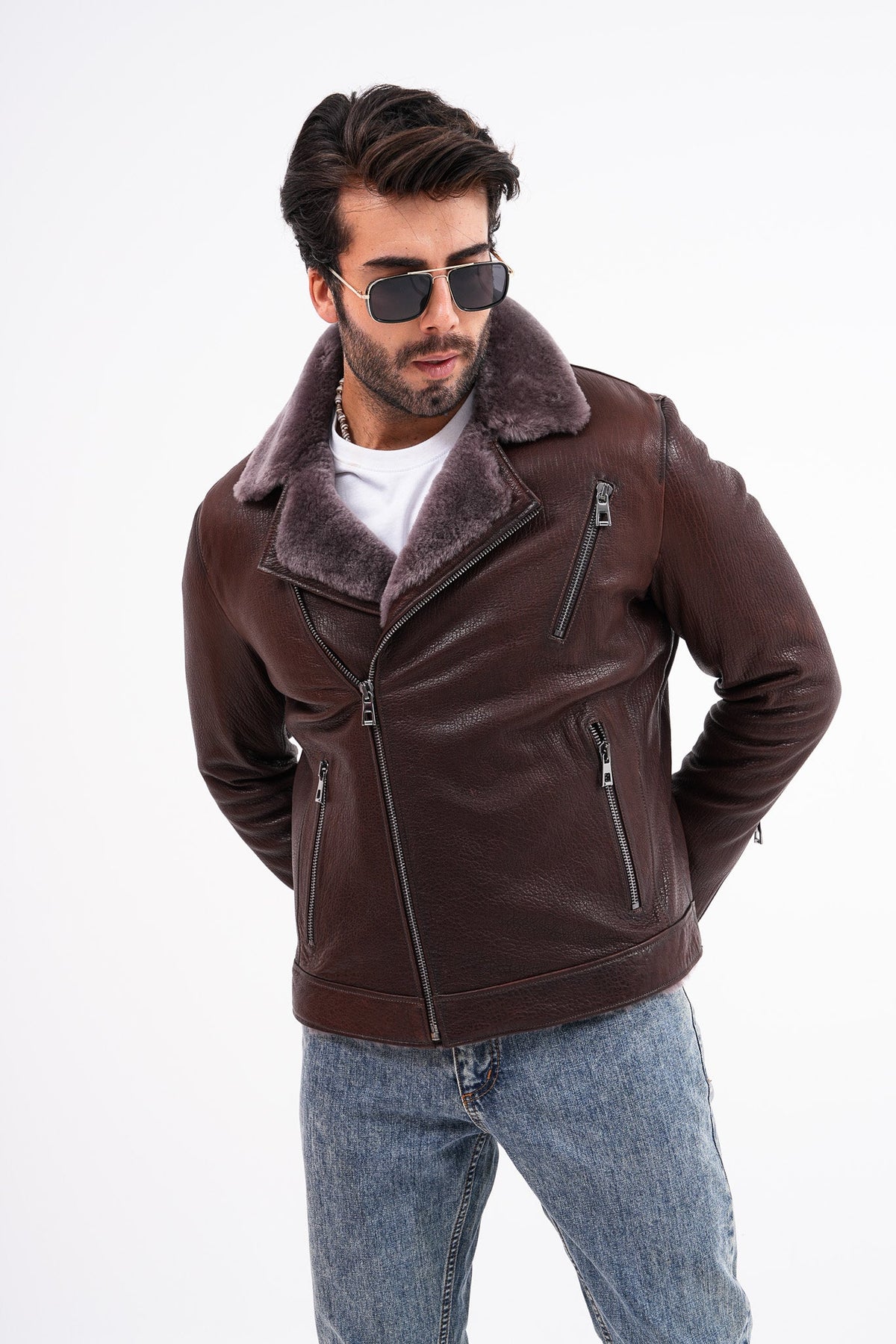 Vinci Leather The Cortina Brown Shearling Leather Men Jacket – product view 8
