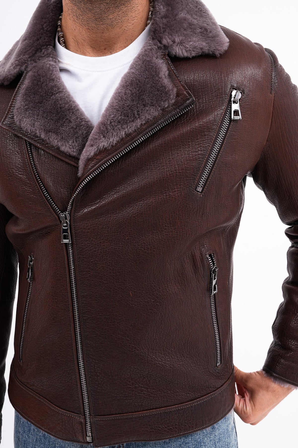 Vinci Leather The Cortina Brown Shearling Leather Men Jacket – product view 4