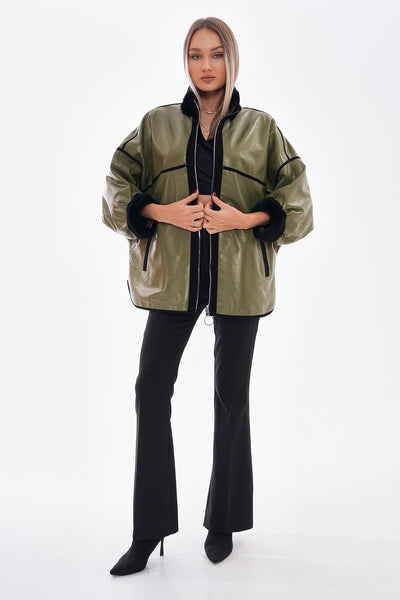 Vinci Leather The Rebel Reversible Shearling Olive Green Leather Women Jacket – product view 10
