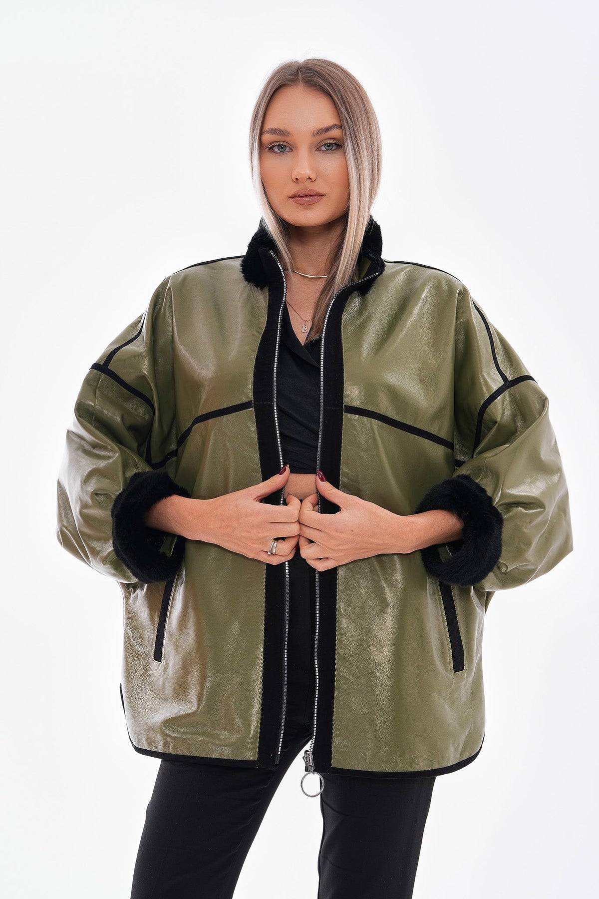 Vinci Leather The Rebel Reversible Shearling Olive Green Leather Women Jacket – product view 1