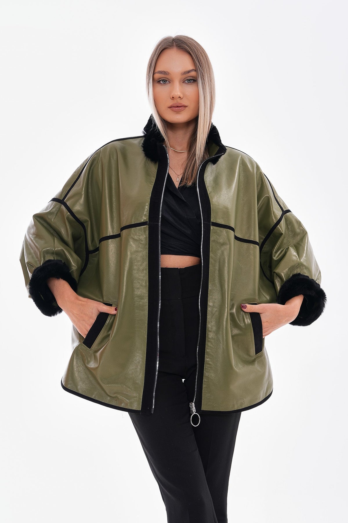 Vinci Leather The Rebel Reversible Shearling Olive Green Leather Women Jacket – product view 11