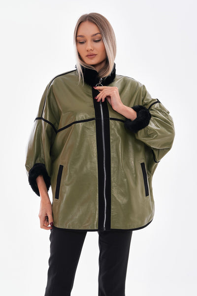 Vinci Leather The Rebel Reversible Shearling Olive Green Leather Women Jacket – product view 2