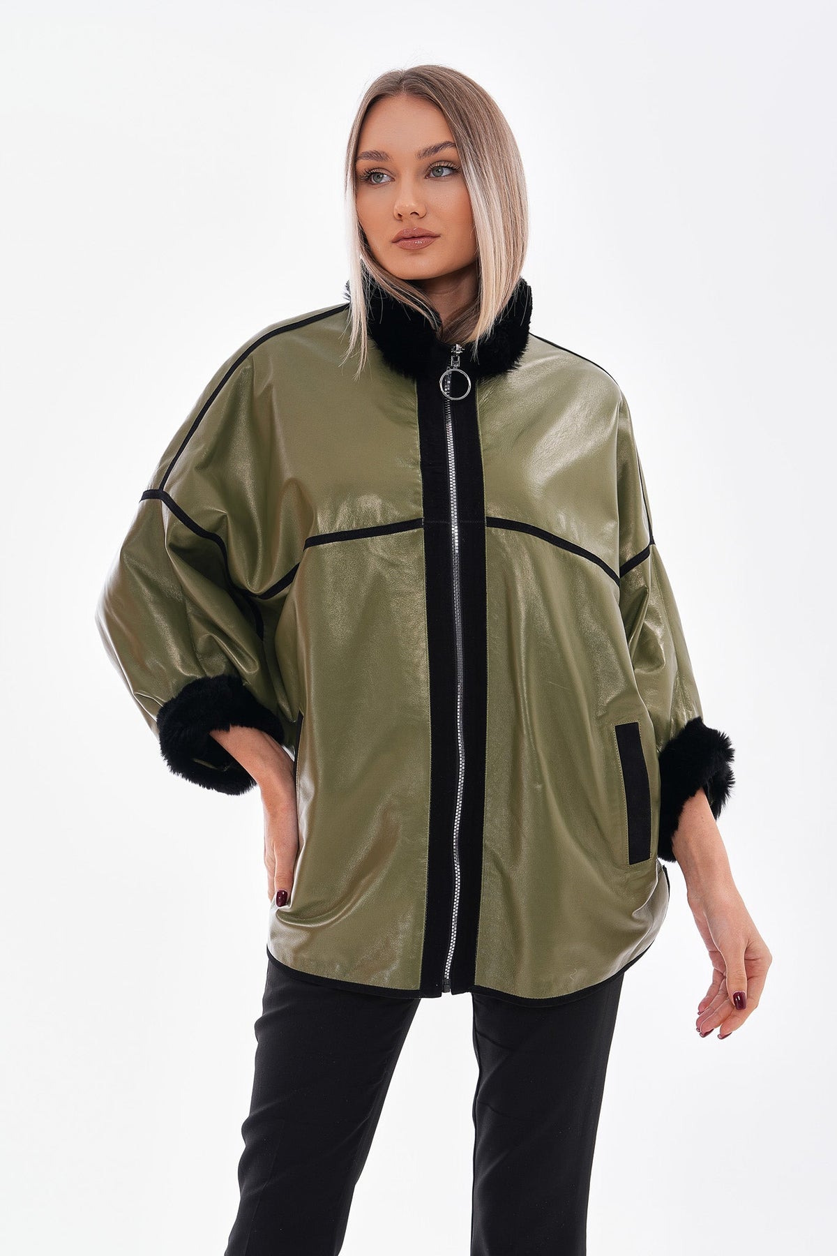 Vinci Leather The Rebel Reversible Shearling Olive Green Leather Women Jacket – product view 13