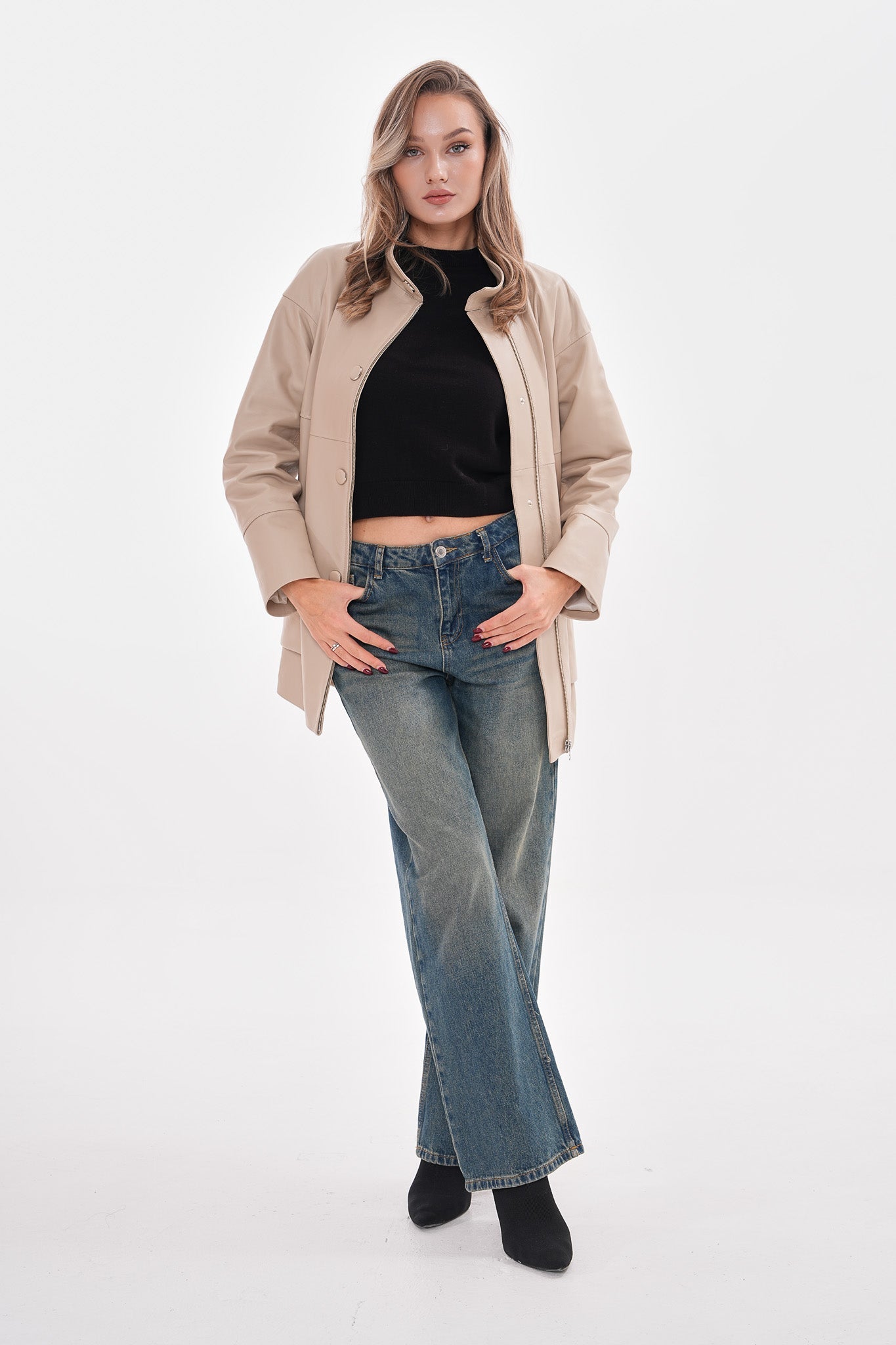 The Lioara Cream Leather Women Jacket