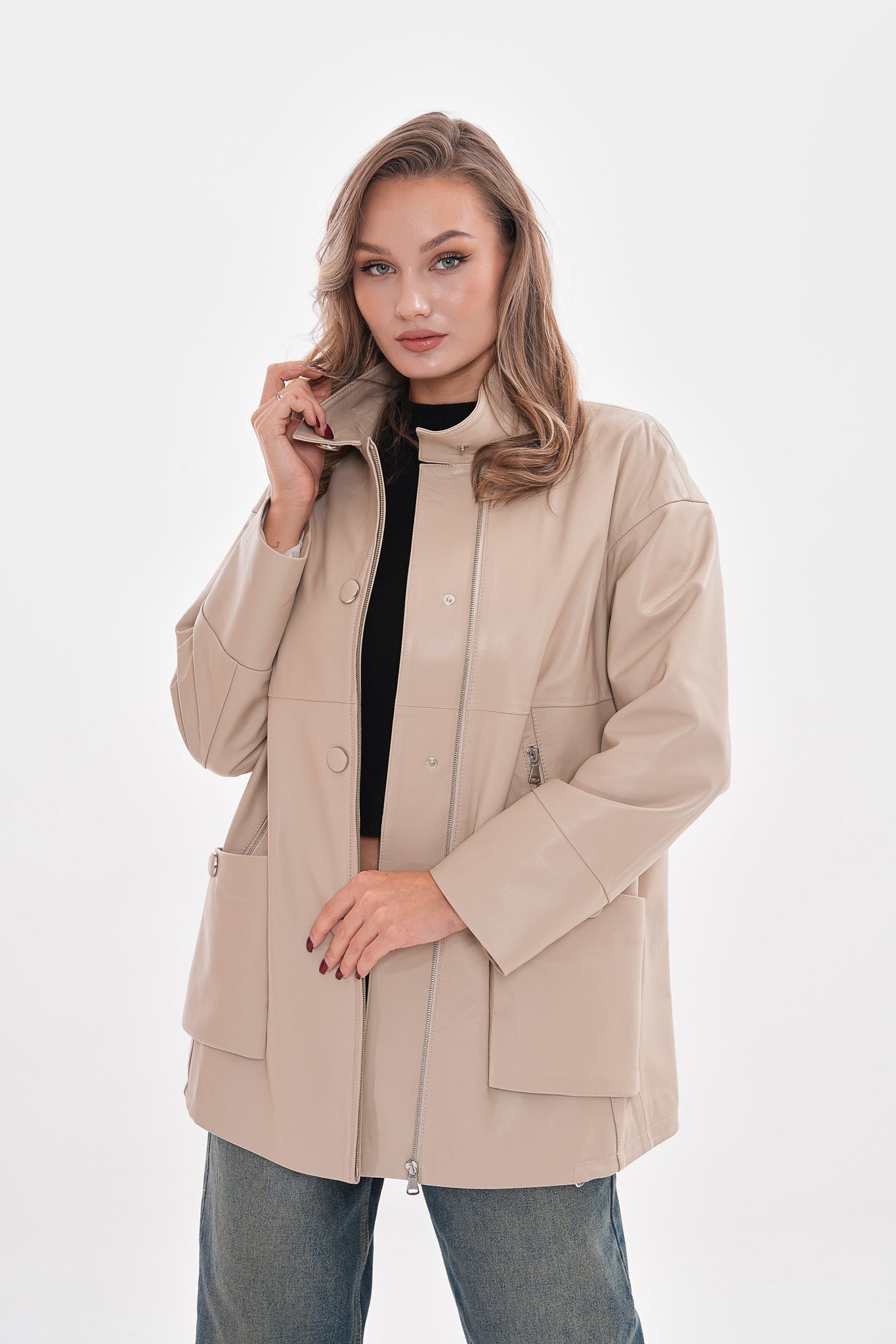 The Lioara Cream Leather Women Jacket