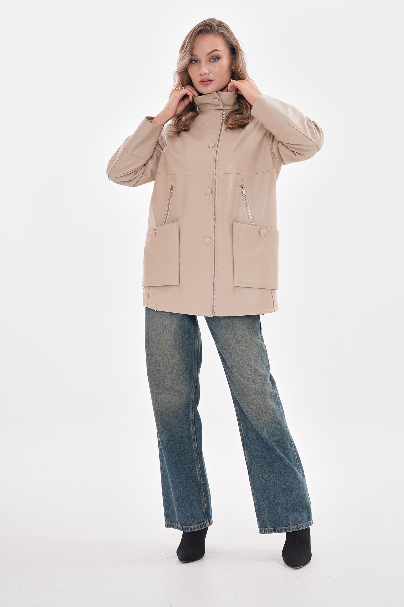 The Lioara Cream Leather Women Jacket