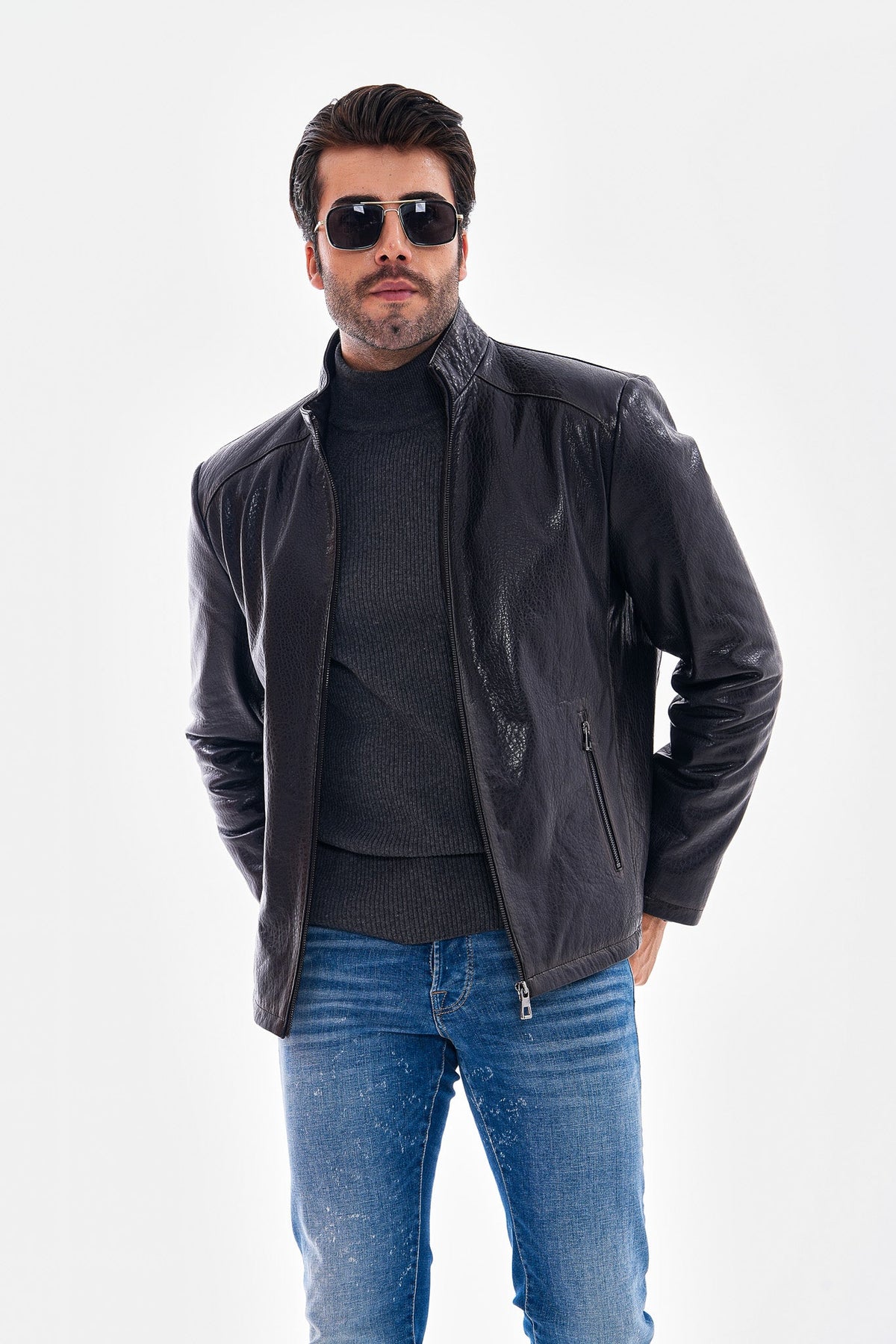 Vinci Leather The Varden Navy Blue Leather Men Jacket – product view 1