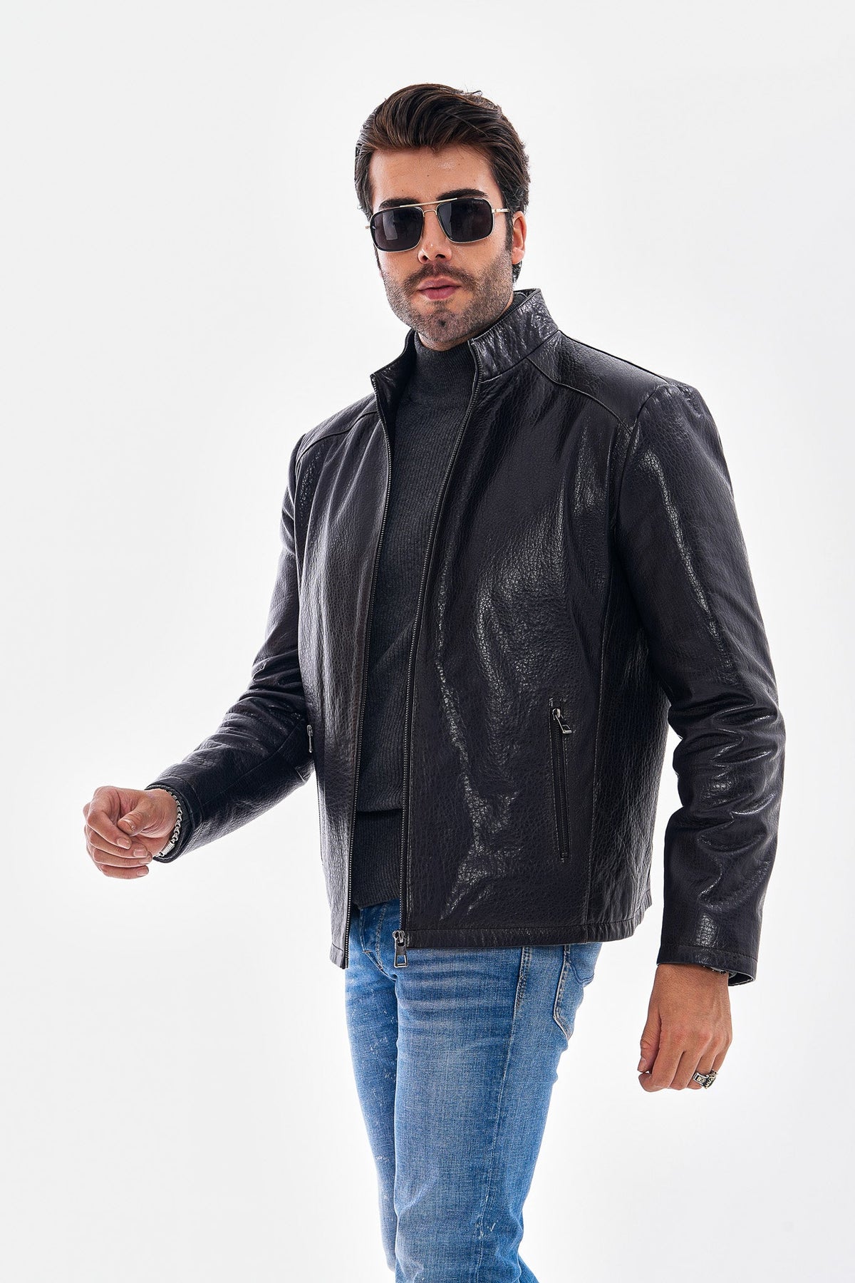 Vinci Leather The Varden Navy Blue Leather Men Jacket – product view 5