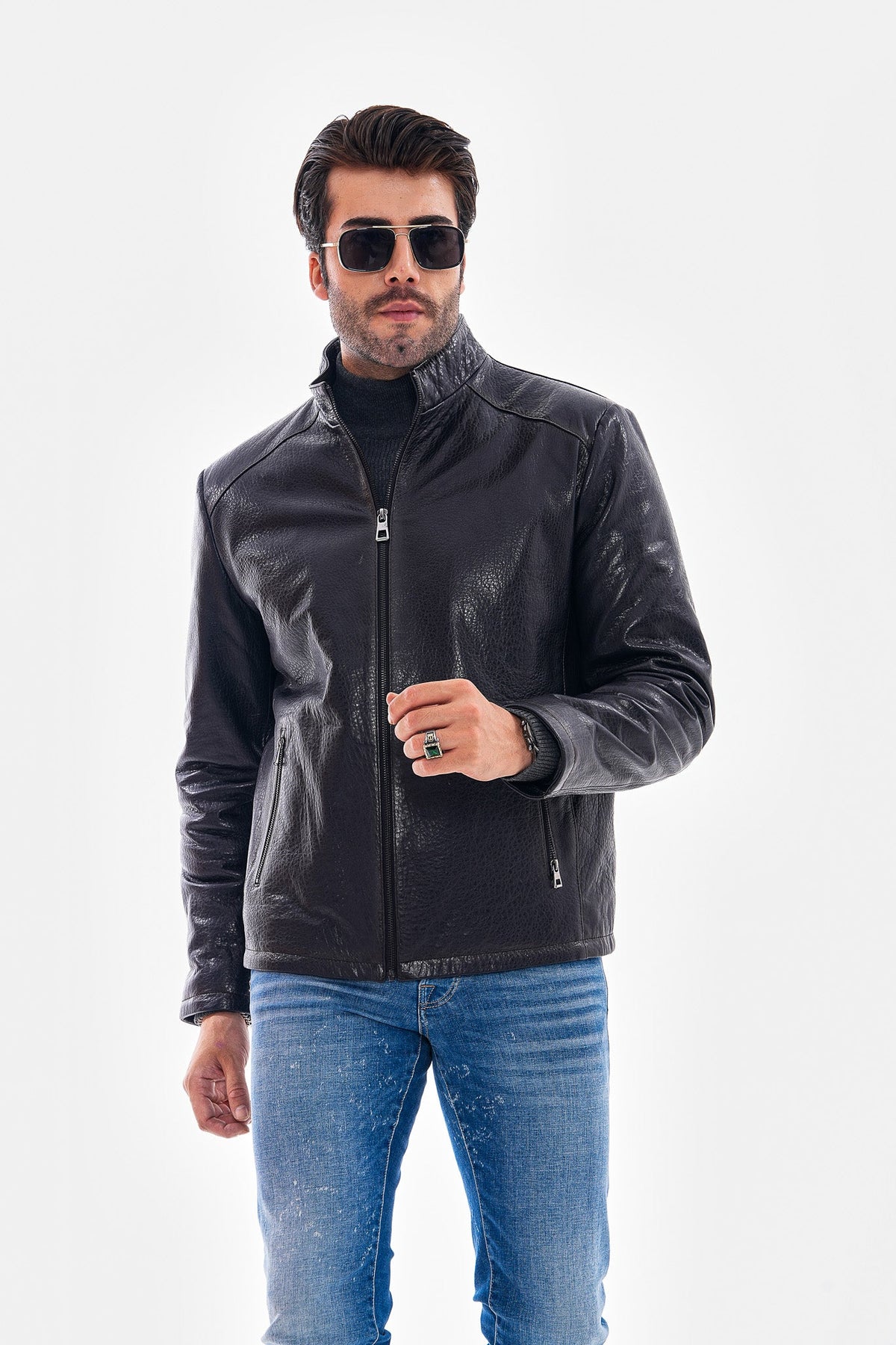 Vinci Leather The Varden Navy Blue Leather Men Jacket – product view 8