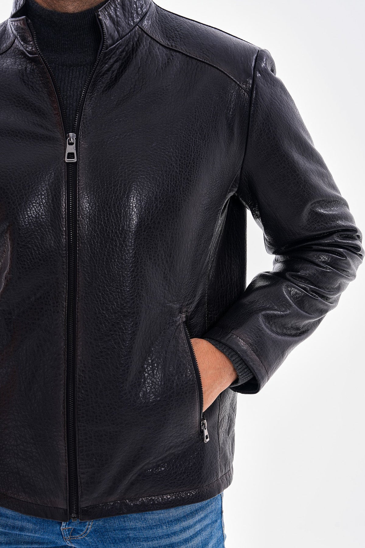 Vinci Leather The Varden Navy Blue Leather Men Jacket – product view 4