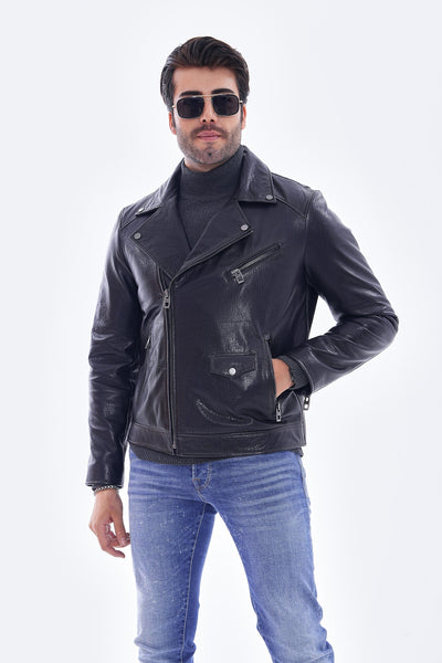 The Volt Textured Navy Blue Leather Men Jacket