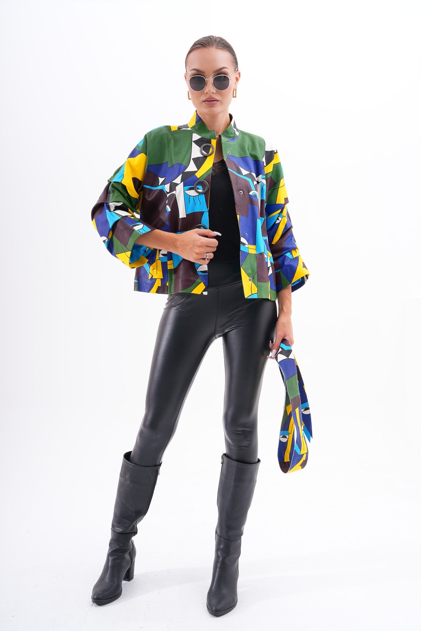 The Odessa Multicolor Geometric Art Leather Women Jacket