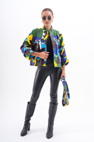 The Odessa Multicolor Geometric Art Leather Women Jacket