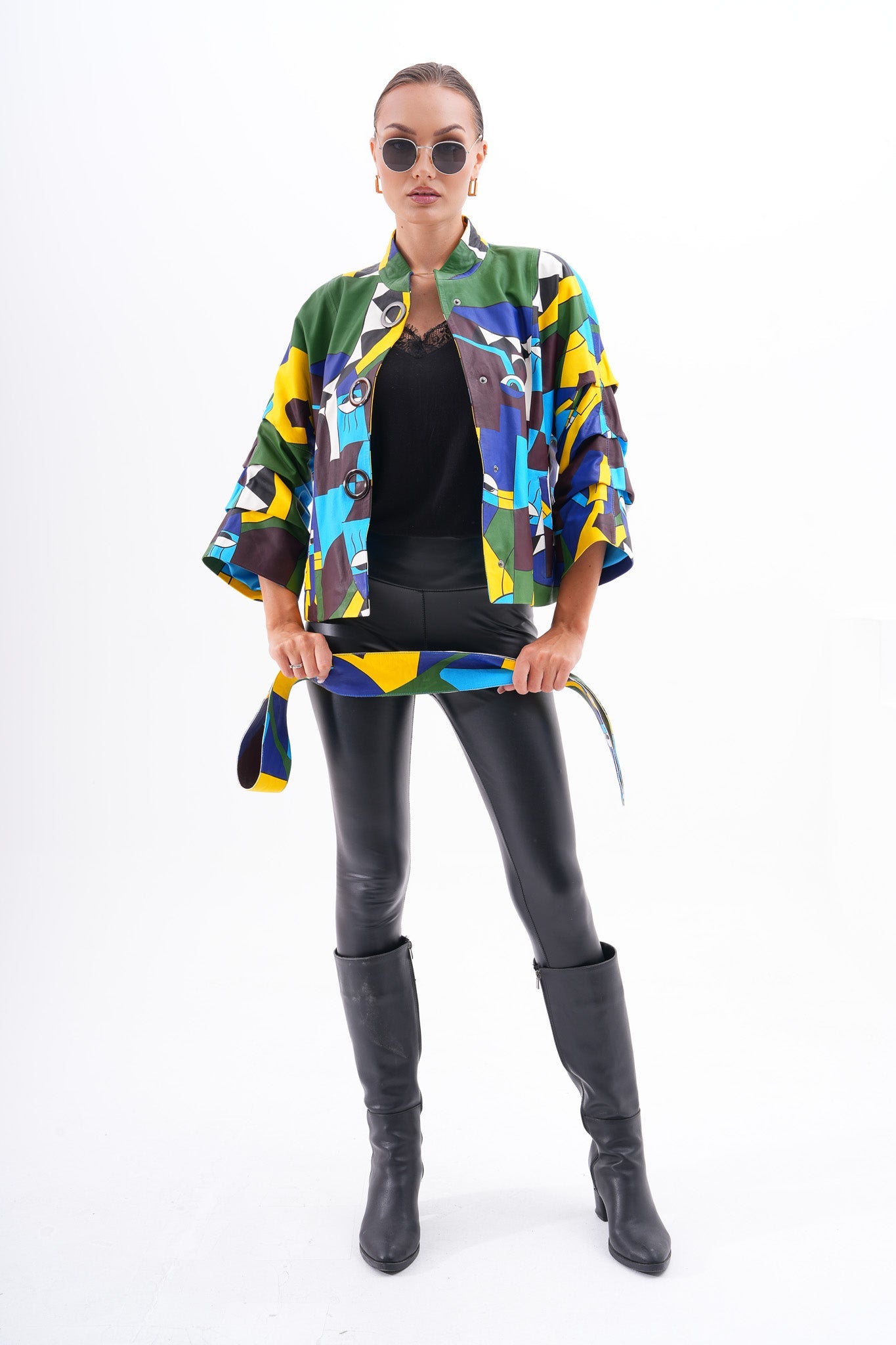 The Odessa Multicolor Geometric Art Leather Women Jacket