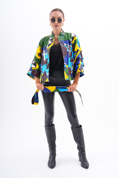 The Odessa Multicolor Geometric Art Leather Women Jacket