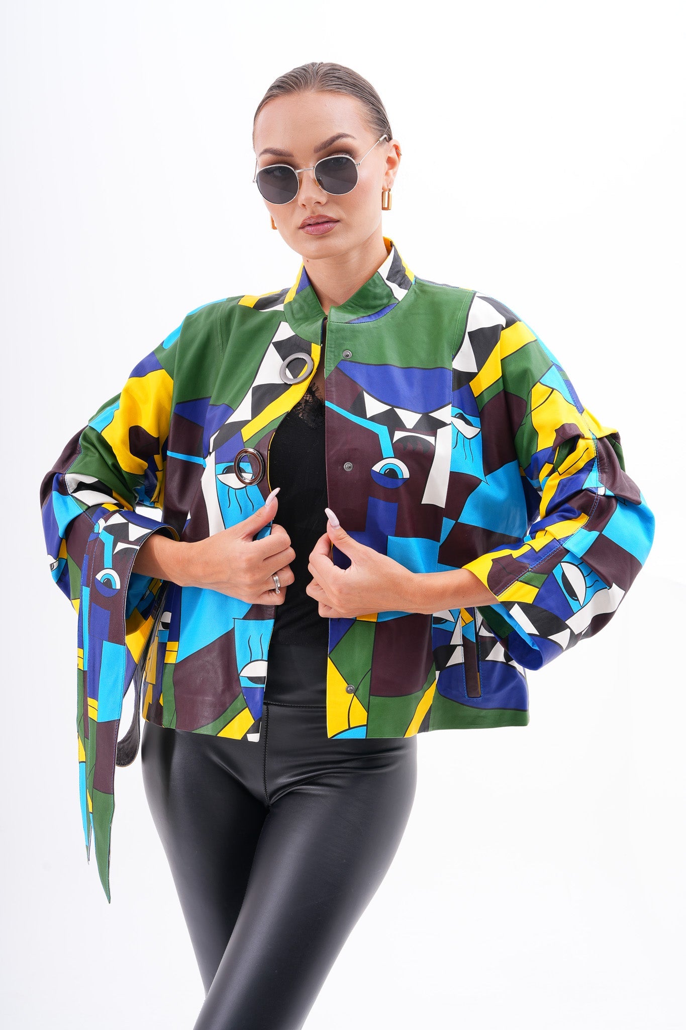 The Odessa Multicolor Geometric Art Leather Women Jacket
