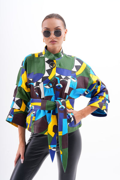 The Odessa Multicolor Geometric Art Leather Women Jacket